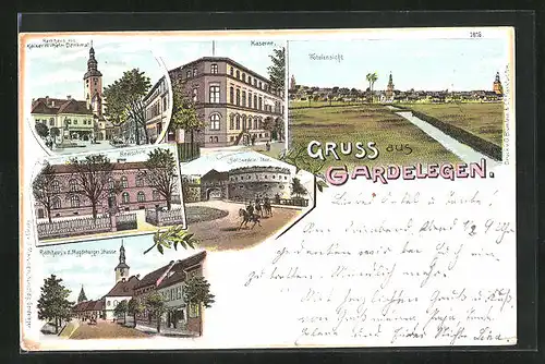 Lithographie Gardelegen, Rathaus mit Kaiser Wilhelm Denkmal, Salzwedeler Tor, Totalansicht