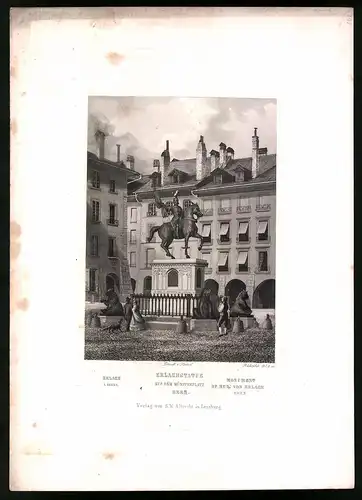 Stahlstich Erlachstatue auf dem Münsterplatz, Bern, Stahlstich von Rüdisühli um 1865, 31.5 x 23cm