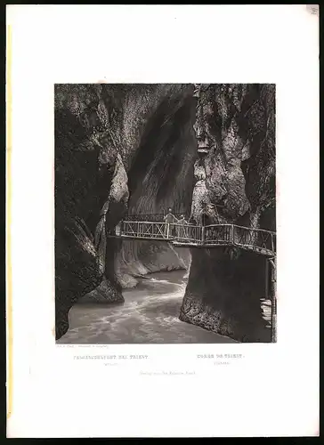 Stahlstich Felsenschlucht bei Treint, Kanton Wallis, Stahlstich von Rüdisühli um 1865, 31.5 x 23cm