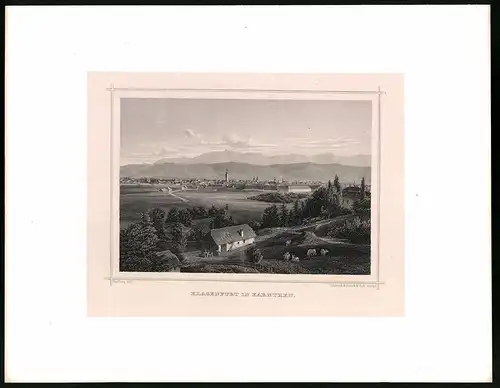 Stahlstich Klagenfurt in Kärnthen, Stahlstich um 1870 aus Ruthner Kaiserthum Österreich, 32 x 25cm