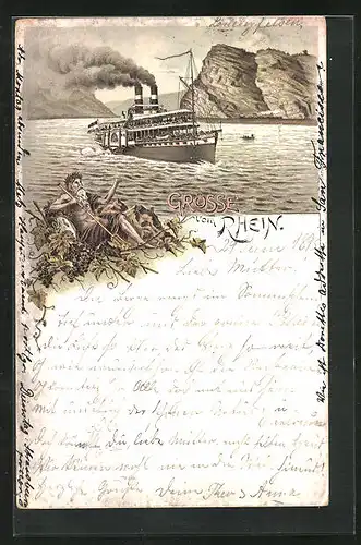 Vorläufer-Lithographie Loreley und Dampfer am Rhein, 1895