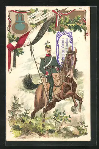 Künstler-AK Gott mit uns!, Soldat des Ulanen-Regiments auf einem Pferd reitend, Regimentswappen