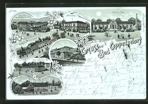 Mondschein-Lithographie Bad Oppelsdorf, Hotel Curhaus, Restaurant Carola Bad, Hotel Annenhof