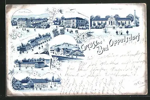 Lithographie Bad Oppelsdorf, Hotel Curhaus, Albert-Bad, Bergschlösschen