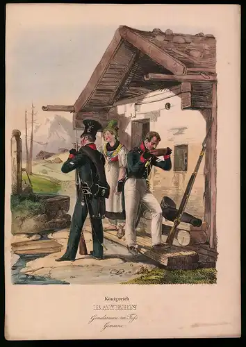 Lithographie Königreich Bayern, Gendarmen zu Fuss Gemeine, altkolorierte Lithographie Eckert & Monten um 1840, 35 x 25cm