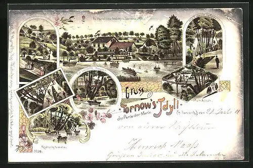 Lithographie Tornow bei Teupitz, Restaurant Tornow`s Idyll, Klatsch-Laube, Zum Kosen