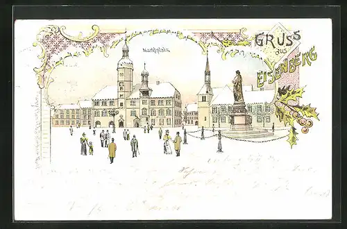 Winter-Lithographie Eisenberg, Marktplatz mit Denkmal