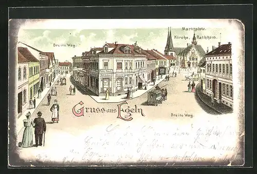 Lithographie Egeln, Breite Weg, Marktpaltz, Kirche