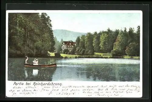 Künstler-AK Reinhardsbrunn, Ortspartie mit Boot