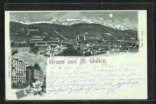 Mondschein-Lithographie St. Gallen, Walhalla Restaurant, Stadtpanorama