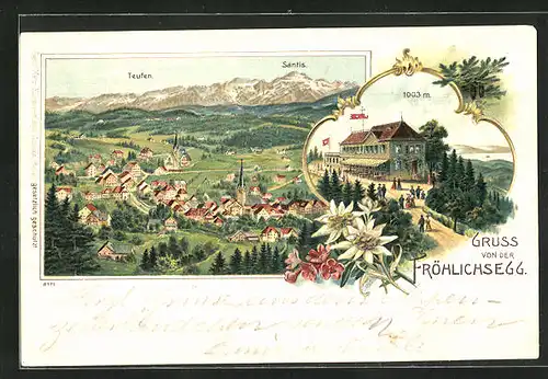 Lithographie Teufen, Gasthaus Fröhlichsegg, Ortspanorama mit Säntis