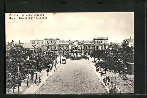 AK Riga, Blick auf den Dünaburger Bahnhof mit Strassenbahn