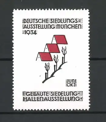 Reklamemarke München, Deutsche Siedlungs-Ausstellung 1934, Häuserreihe mit Bäumen