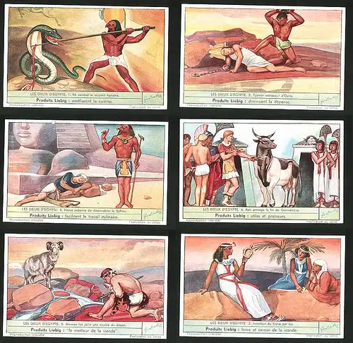 6 Sammelbilder Liebig, Serie Nr. 1374: Les dieux d`Egypte, Horus, Apophis, Isis, Osiris, Sphinx