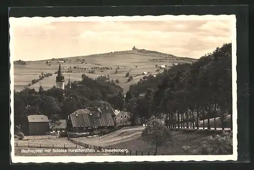 AK Neuhausen, Ortspartie mit Schloss Purschenstein und Schwartenberg