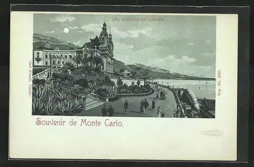 Mondschein-Lithographie Monte Carlo, les Jardins du Casino