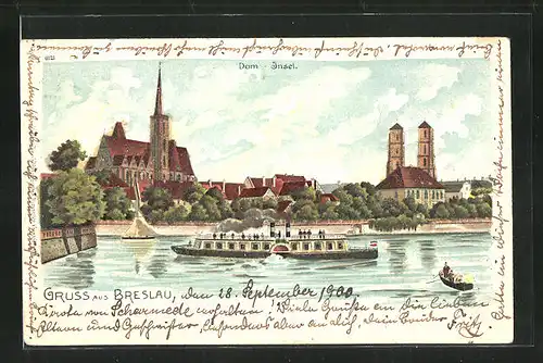 Lithographie Breslau, Blick auf die Dom-Insel