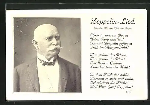 AK Portrait von Graf Zeppelin, Liedtext vom Zeppelin-Lied