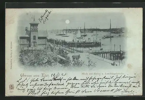 Mondschein-AK Kiel, Hafen mit Landungsbrücke in der Nacht