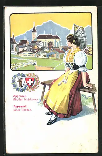 Künstler-AK Appenzell, Rgodes intérieures, Stadtansicht, Fräulein in Tracht, Wappen