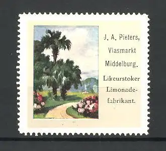 Reklamemarke Likeurstoker Limonade-Fabrikant J. A. Pieters, Vlasmarkt Middelburg, Landschaftsbild