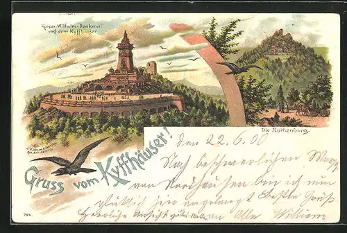 Lithographie Kyffhäuser, Kaiser Wilhelm-Denkmal und Rothenburg