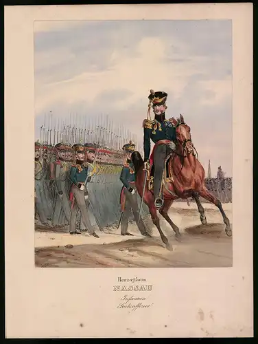 Lithographie Herzogthum Nassau, Infanterie, altkoloriert, montiert, aus Eckert & Monten um 1840 Vorzugsausgabe