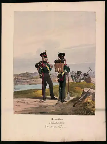 Lithographie Herzogthum Nassau, Bombardier, Pioniers, altkoloriert, montiert, aus Eckert & Monten um 1840 Vorzugsausgabe