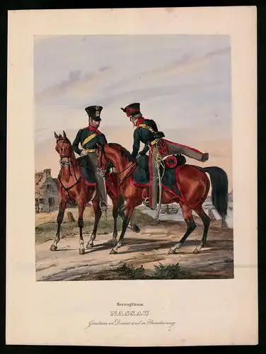 Lithographie Herzogthum Nassau, Gendarm, altkoloriert, montiert, aus Eckert & Monten um 1840 Vorzugsausgabe, 34 x 26cm