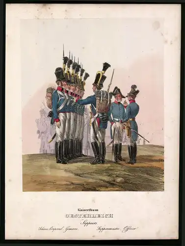 Lithographie Kaisertum Österreich, Sappeurs, altkoloriert, montiert, aus Eckert & Monten um 1840 Vorzugsausgabe