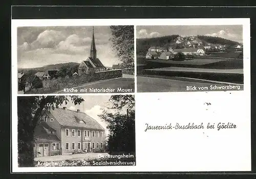 AK Jauernick-Buschbach b. Görlitz, Kirche mit historischer Mauer, Blick vom Schwarzberg