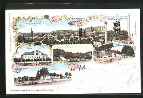 Lithographie Tulbin, Touristen Gasthaus Passauerhof, Dorfinger`s Gasthaus am Tulbingerkogel, Doppler`s Gasthaus