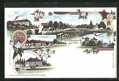 Lithographie Tattendorf a. d. Aspangbahn, Gemeinde-Gasthaus, Fabrik, Bahnhof