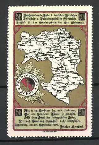 Reklamemarke Reichsverband Anker d. deutschen Handels- und Privatangestellten Österreichs, Landkarte