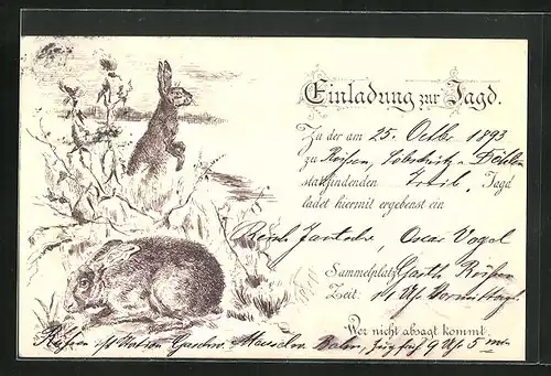 Vorläufer-AK Einladung zur Jagd, 1893, Kaninchen im Gestrüpp