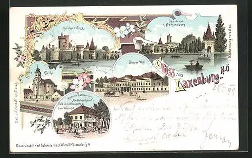 Lithographie Laxenburg, Hotel Blauer Hof, Russins Restaurant Radfahrerheim