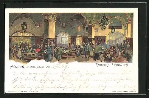 Lithographie München, Münchner Hofbräuhaus, Parterre, Bierhallen