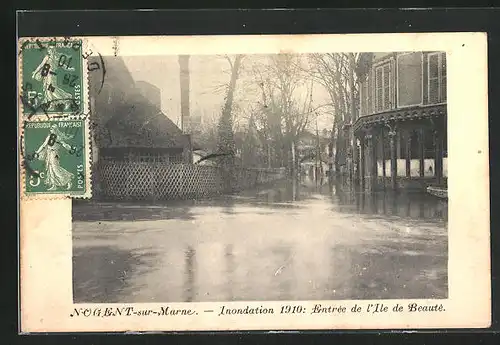 AK Inondation 1910, Nogent-sur-Marne, Entrèe de l`Ile de Beautè, Hochwasser