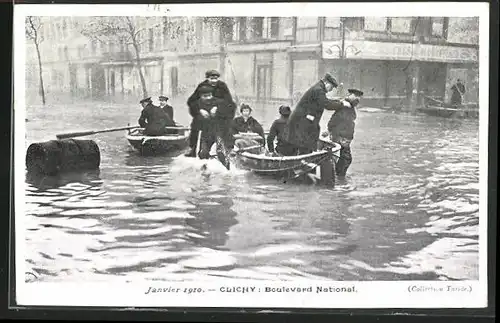 AK Inondation Janvier 1910, Clichy . Boulevard National, Hochwasser