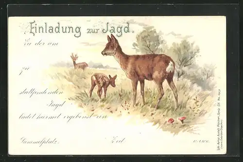 Lithographie Jagdeinladung mit Ricke mit Kitz