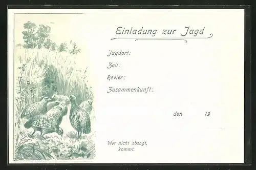 Lithographie Jagdeinladung mit Rebhühnern