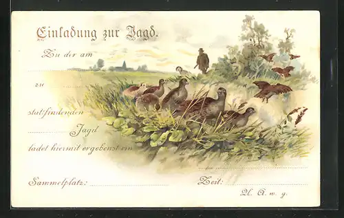 Lithographie Jagdeinladung mit Rebhühnern