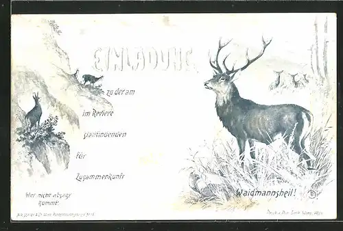 Lithographie Hirsch und Gemsen im Gebirge, Jagdeinladung