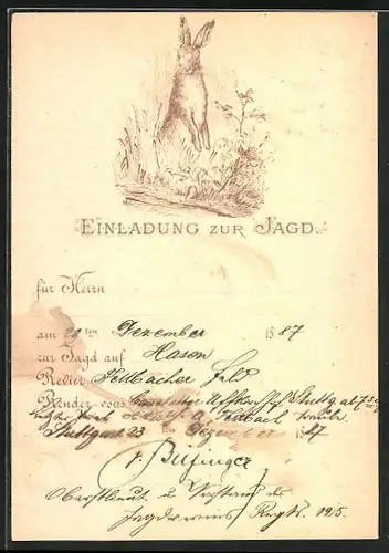 Vorläufer-Lithographie Einladung zur Jagd auf Hasen am 29.12.1887