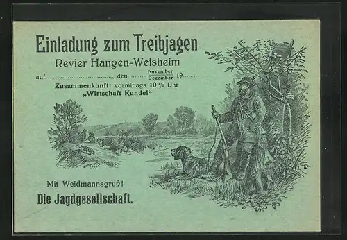 Künstler-AK Hangen-Weisheim, Einladung zum Treibjagen, Jäger mit Gewehr und Hund