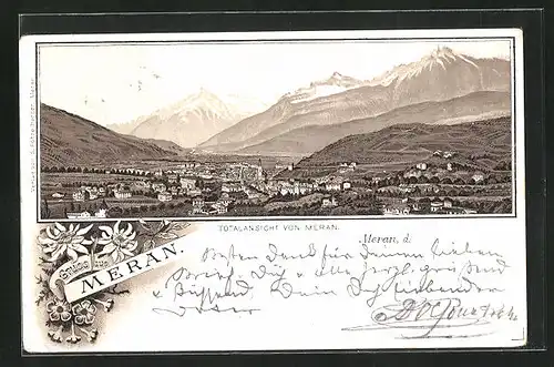 Lithographie Meran, Totalansicht mit Gebirge