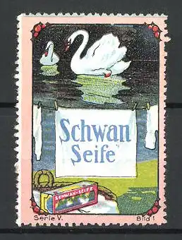 Reklamemarke Schwan Seife, Verpackung und Schwäne auf einem See