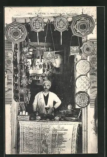 AK Algérie, Marchand de Curiosités, arabischer Händler