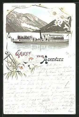 Lithographie Achensee, Partie mit Damper St. Joseph