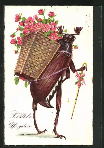 AK Maikäferpaar mit Blumenkorb auf dem Rücken, Pfingstgruss